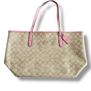 Coach Signature Beige Tote with Pink Trim